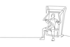 enkele doorlopende lijntekening van jonge sportieve man training met bankdrukken in sport gymnasium clubcentrum. fitness stretching concept. trendy één lijn tekenen ontwerp grafische vectorillustratie vector