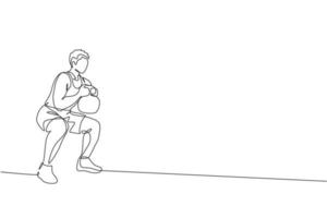 enkele doorlopende lijntekening van sportieve jongeman training met kettlebell in sport gymnasium clubcentrum. fitness stretching concept. trendy één lijn tekenen ontwerp vector illustratie afbeelding