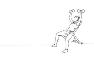 enkele doorlopende lijntekening van jonge sportieve man training lift halters op bankdrukken in sport gymnasium clubcentrum. fitness stretching concept. trendy één lijn tekenen ontwerp vectorillustratie vector