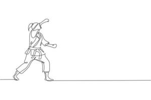enkele doorlopende lijntekening van een jong zelfverzekerd karateka-meisje in kimono die karategevechten beoefent in de dojo. vechtsport sport trainingsconcept. trendy één lijn tekenen grafisch ontwerp vectorillustratie vector