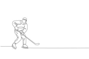 enkele doorlopende lijntekening van een jonge professionele ijshockeyspeler die de puck raakt en aanvalt op de ijsbaanarena. extreem wintersportconcept. trendy één lijn tekenen ontwerp grafische vectorillustratie vector