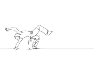 een doorlopende lijntekening jonge sportieve braziliaanse vechter man capoeira trainen op het strand. gezond traditioneel vechtsportconcept. dynamische enkele lijn tekenen ontwerp grafische vectorillustratie vector