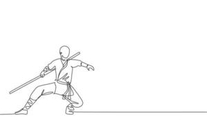 een doorlopende lijntekening van een jonge shaolin-monnik die kungfu beoefent met een stok op de tempelgrond. traditioneel chinees strijdlustig sportconcept. dynamische enkele lijn tekenen ontwerp vectorillustratie vector