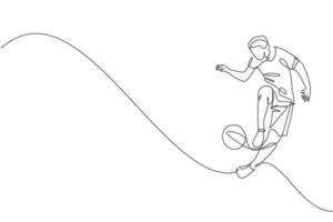 enkele doorlopende lijntekening van jonge sportieve man train voetbal freestyle, spring jongleren met hiel op het veld. voetbal freestyler concept. trendy één lijn tekenen ontwerp vector grafische afbeelding