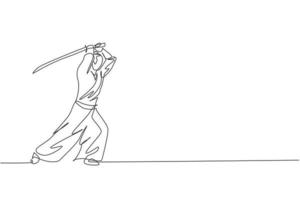 een doorlopende lijntekening van een jonge dappere samoerai-krijger die klaar is om aan te vallen tijdens de trainingssessie. krijgskunst strijdlustige sport concept. dynamische enkele lijn tekenen grafisch ontwerp vectorillustratie vector