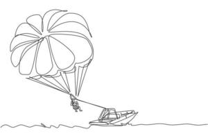 een doorlopende lijntekening van jonge moed die in de lucht vliegt met behulp van parasailing parachute achter de boot. buiten gevaarlijk extreme sportconcept. dynamische enkele lijn tekenen ontwerp vectorillustratie
