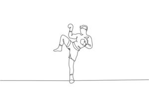 een doorlopende lijntekening van een jonge sportieve muay thai-bokser die zich voorbereidt om te vechten, een schop in de box-arena. vechtsport spelconcept. dynamische enkele lijn tekenen ontwerp vector illustratie afbeelding