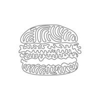 enkele één lijntekening hamburger, cheeseburger. broodje met kotelet, kaas, sla, tomaat. Amerikaans straat fastfood. swirl krul stijl. moderne doorlopende lijn tekenen ontwerp grafische vectorillustratie vector