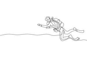 een enkele lijntekening energieke jongeman duiken op zee oceaan om onderwaterleven wereld vector illustratie afbeelding te zien. gezond levensstijl sportconcept. modern ononderbroken lijntekeningontwerp