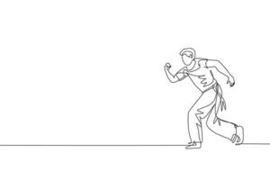 een doorlopende lijntekening jonge sportieve braziliaanse vechter man capoeira trainen op het strand. gezond traditioneel vechtsportconcept. dynamische enkele lijn tekenen grafisch ontwerp vectorillustratie vector