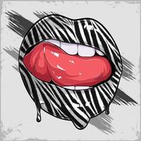 vrouwelijke lippen met zebrapatroon in plaats van lippenstift, vrouwelijke tongexpressie vector