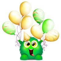 schattig pluizig grappig cartoon groen monster met verjaardagsballonnen vector