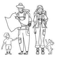lineaire schets tekening doodles toeristische familie. een meisje in broek met zakken en met een rugzak achter haar rug om te reizen. een man met een hoed heeft een kaart in zijn handen, een kind staat in de buurt en een hond vector
