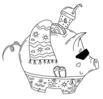 schattig zomervarkens spaarvarken. vectorillustratie in de hand doodle. varken spaarvarken met munt in zonnebril in strandkleding met handdoek en cocktail. omtrek, lineaire schets van karakter voor ontwerp en decor vector