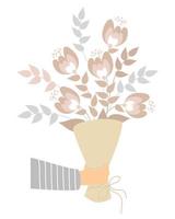 hand houdt boeket bloemen en takken. vectorillustratie. geïsoleerd. voor ontwerp, decoratie, drukwerk, decoratie, ansichtkaarten en kaarten, logo's vector