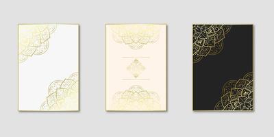 set van gouden rechthoek frame met mandala bloem, witte en grijze achtergrond, patroon van mandala sjabloon set, brochure, vectorillustratie, vector