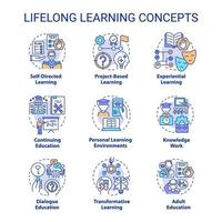 levenslang leren concept pictogrammen instellen. volwassenenonderwijs. vaardigheden ontwikkeling idee dunne lijn kleurenillustraties. geïsoleerde symbolen. bewerkbare streek. vector