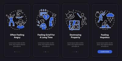 tiener geestesziekte symptomen nachtmodus onboarding mobiele app-scherm. walkthrough 4 stappen grafische instructiepagina's met lineaire concepten. ui, ux, gui-sjabloon. vector