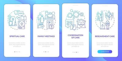 hospice zorg blauwe gradiënt onboarding mobiele app-scherm. medische dienst walkthrough 4 stappen grafische instructiepagina's met lineaire concepten. ui, ux, gui-sjabloon. vector