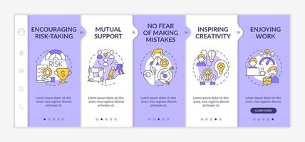 werknemer geluk belang paarse en witte onboarding sjabloon. geniet van het werk. responsieve mobiele website met lineaire conceptpictogrammen. webpagina walkthrough 5 stappen schermen. vector