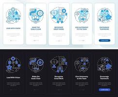 verhoog de motivatie van de werknemer nacht- en dagmodus aan boord van het mobiele app-scherm. walkthrough 5 stappen grafische instructiepagina's met lineaire concepten. ui, ux, gui-sjabloon. vector