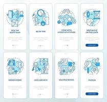 escape room meeslepende ervaring blauwe onboarding mobiele app-schermset. walkthrough 4 stappen grafische instructiepagina's met lineaire concepten. ui, ux, gui-sjabloon. vector