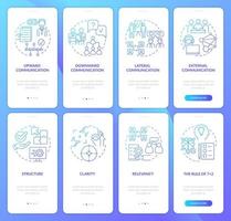 zakelijke communicatie blauwe gradiënt onboarding mobiele app-schermset. walkthrough 4 stappen grafische instructiepagina's met lineaire concepten. ui, ux, gui-sjabloon. vector