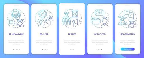 zakelijk communicatiebeleid blauw kleurverloop onboarding mobiele app-scherm. walkthrough 5 stappen grafische instructiepagina's met lineaire concepten. ui, ux, gui-sjabloon. vector