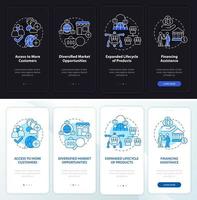 zakelijke voordelen exporteren nacht, dagmodus onboarding mobiele app-scherm. walkthrough 4 stappen grafische instructiepagina's met lineaire concepten. ui, ux, gui-sjabloon. vector