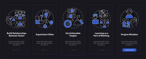 ideeën voor inzet van werknemers nachtmodus onboarding mobiele app-scherm. walkthrough 5 stappen grafische instructiepagina's met lineaire concepten. ui, ux, gui-sjabloon. vector