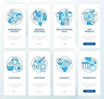 voedselproblemen blauwe onboarding mobiele app-schermset. gmo producten walkthrough 4 stappen grafische instructiepagina's met lineaire concepten. ui, ux, gui-sjabloon. vector