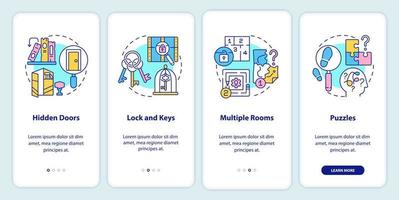 escape room beschikt over een onboarding mobiel app-scherm. verborgen deuren, puzzels walkthrough 4 stappen grafische instructiepagina's met lineaire concepten. ui, ux, gui-sjabloon. vector