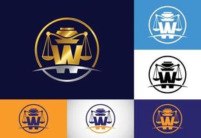 eerste w-monogramalfabet met het tekensymbool van de wetsschaal. ontwerpsjabloon voor advocatenkantoor vector logo