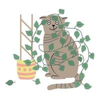 kat met scindapsus kamerplant in een pot. vlakke stijl. vector hand getekende illustratie geïsoleerd op een witte achtergrond. grappige huisdier en kamerplant.