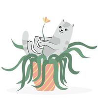 schattige kat die in een bloempot legt. hand getekende platte vectorillustratie en belettering. potplant en huisdier. vector