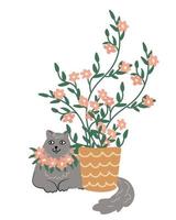 kat met een bloeiende tuinplant in een pot. vlakke stijl. vector hand getekende illustratie geïsoleerd op een witte achtergrond. grappig huisdier en kamerplant.