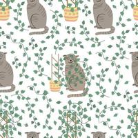 grappige katten en scindapsus kamerplanten naadloos patroon. hand getekend platte vectorillustratie. potplanten en huisdieren. geweldig voor stoffen, inpakpapier, behang, hoezen vector