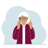 lachende grootmoeder praten op een mobiele telefoon met emoties. de ene hand met de telefoon en de andere met een wijsvinger omhoog gebaar. platte vectorillustratie vector
