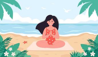 vrouw mediteren op het strand. hallo zomer, zomer vrije tijd, vakantie, gezonde levensstijl vector