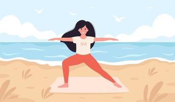 vrouw doet yoga op het strand. hallo zomer, zomer vrije tijd, vakantie, gezonde levensstijl vector