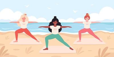 vrouwen die yoga doen op het strand. hallo zomer, zomer vrije tijd, vakantie, gezonde levensstijl vector