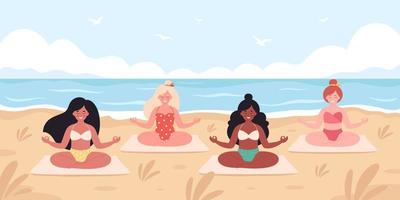 vrouwen mediteren op het strand. hallo zomer, zomer vrije tijd, vakantie. vector