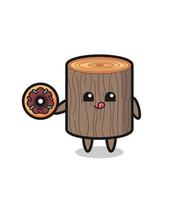 illustratie van een karakter van een boomstronk die een donut eet vector
