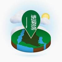 isometrische ronde kaart van saoedi-arabië en puntmarkering met vlag van saoedi-arabië. wolk en zon op de achtergrond. vector
