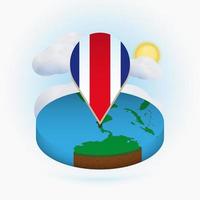 isometrische ronde kaart van costa rica en puntmarkering met vlag van costa rica. wolk en zon op de achtergrond. vector