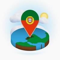 isometrische ronde kaart van portugal en puntmarkering met vlag van portugal. wolk en zon op de achtergrond. vector