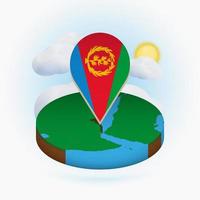 isometrische ronde kaart van eritrea en puntmarkering met vlag van eritrea. wolk en zon op de achtergrond. vector