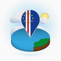 isometrische ronde kaart van kaapverdië en puntmarkering met vlag van kaapverdië. wolk en zon op de achtergrond. vector