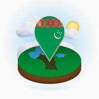 isometrische ronde kaart van Turkmenistan en puntmarkering met vlag van Turkmenistan. wolk en zon op de achtergrond. vector