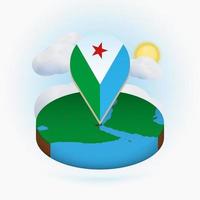 isometrische ronde kaart van djibouti en puntmarkering met vlag van djibouti. wolk en zon op de achtergrond. vector